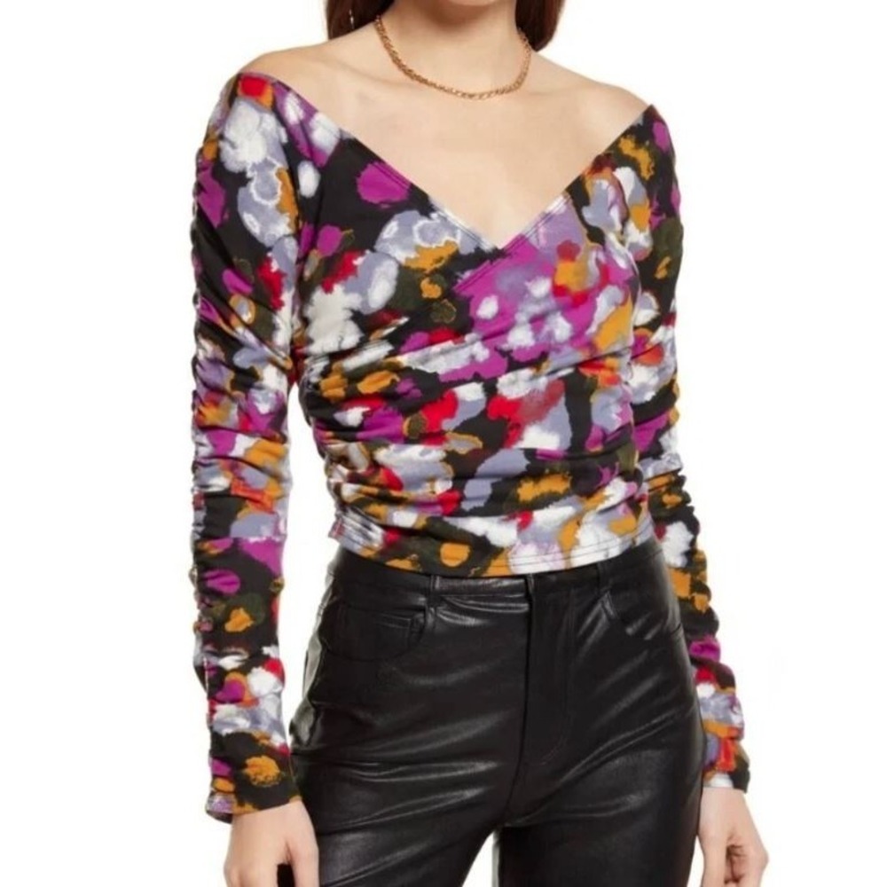 Open Edit Off The Shoulder Long Sleeve Ruched Faux Wrap Top Multicolor Medium